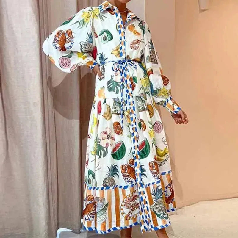 Print Holiday Women Beach Dress With Belts A-Line Long Lantern Sleeve Single Breasted Lapel Seaside Dresses Robe - EX-STOCK CANADA