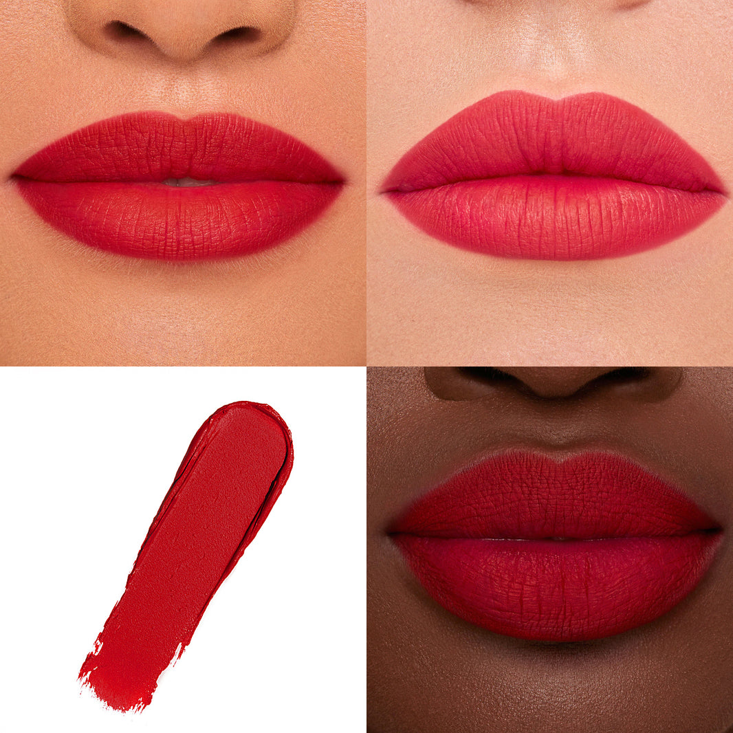 Close-up of red lipstick on lips with a swatch below