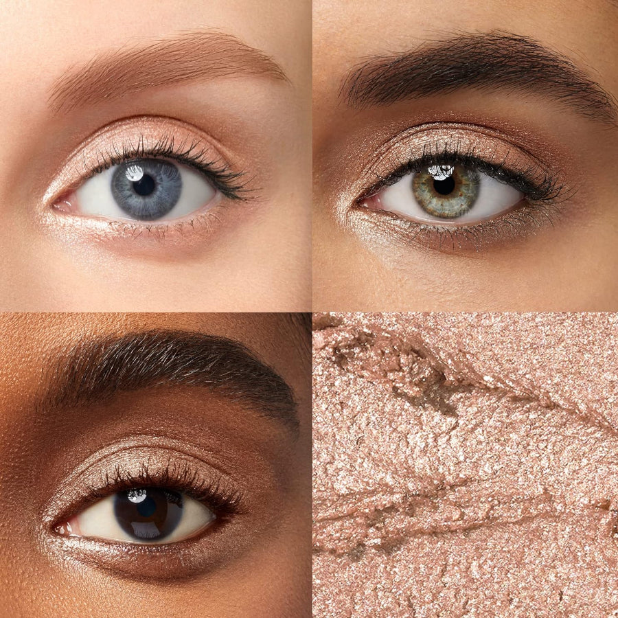 Close-up of eyes with different eye makeup and a swatch of the eyeshadow.