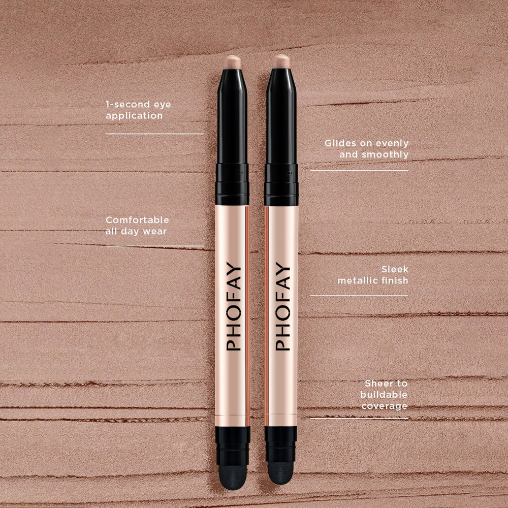 Two PHOFAY makeup products on a wooden surface with text describing features.