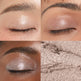 Close-up of eye makeup with a glittery eyeshadow on skin and texture swatch.