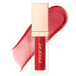 PHOFAY liquid lipstick in a clear tube with a metallic rose gold cap, shown in front of a shimmering red-pink lipstick swatch on a white background.