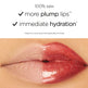 Lipstick application on lips with text highlighting plump lips and immediate hydration.