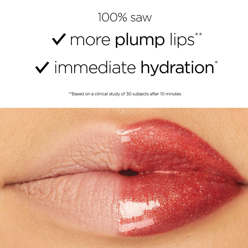 Lipstick application on lips with text highlighting plump lips and immediate hydration.