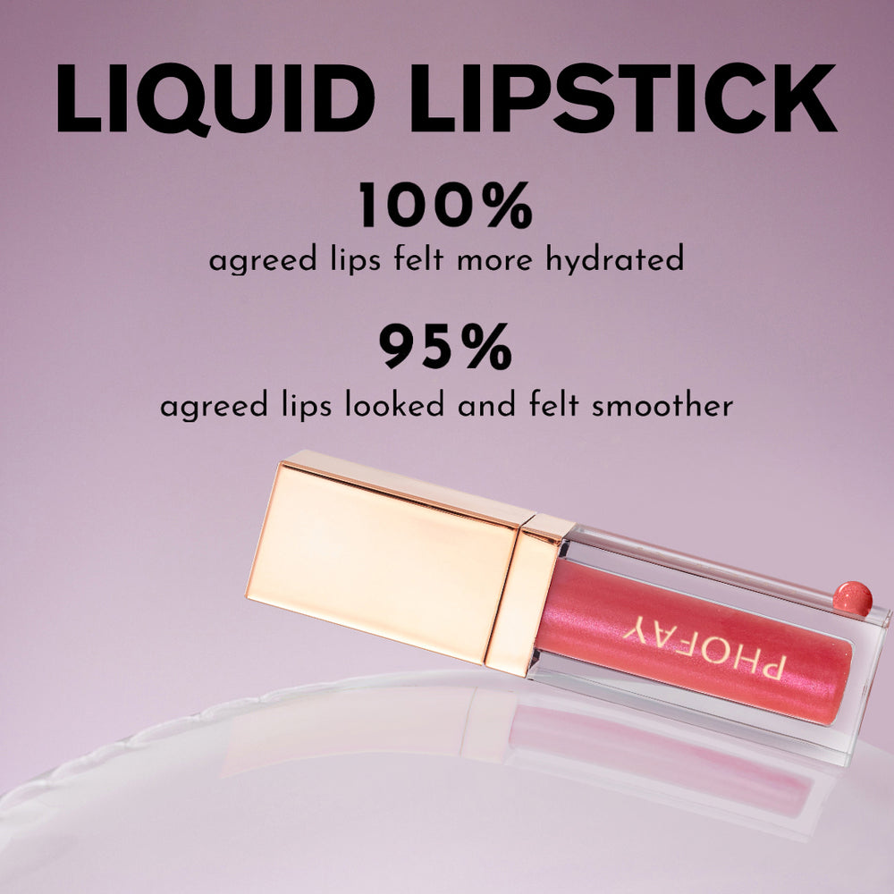 PHOFAY liquid lipstick with hydration benefits on a pink background