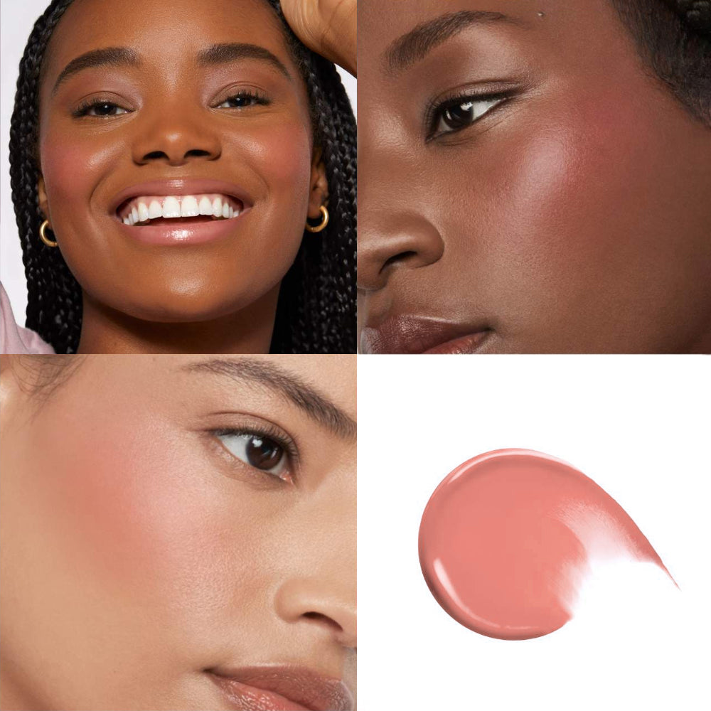 Collage of a woman's face with close-ups of her skin and a swatch of pink makeup.