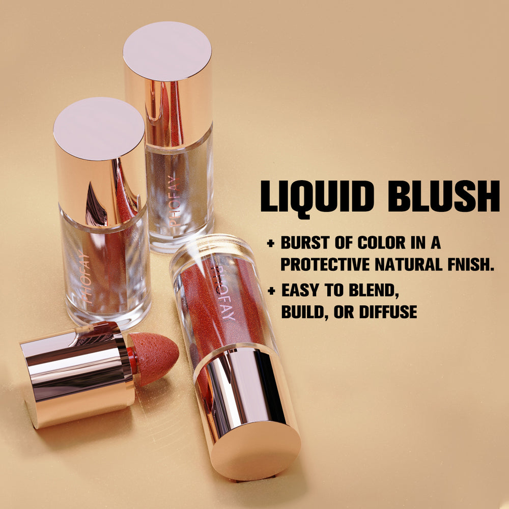 Two liquid blush products with text on a beige background