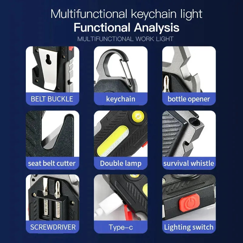 Multifunctional Charging Emergency Light Convenient Keychain Work Light COB High Bright Light Outdoor Camping LED Light - EX-STOCK CANADA