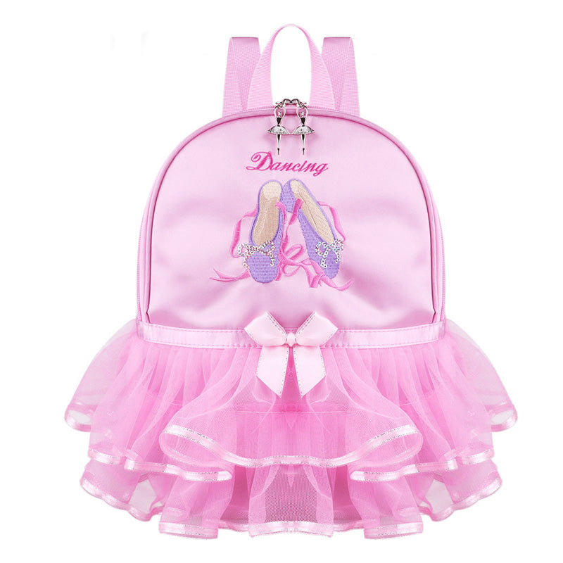 Pink backpack with ballet design and 'Dancing' text on a white background