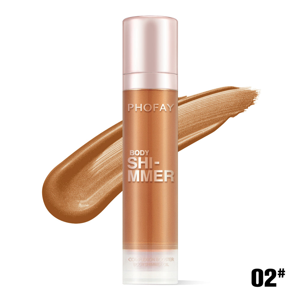 PHOFAY body shimmer bottle with swatch on a white background