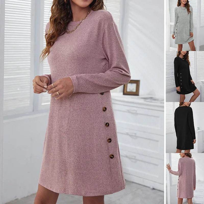 Long-sleeved Round-neck Straight Dress Fashion Casual Loose Solid Color Dress For Women Fall Spring Clothing - EX-STOCK Canada