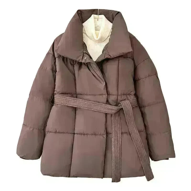 Winter Plaid Sewing Lapel Coat With Lace-up Design Fashion Loose Solid Thick Jacket Outerwear Women's Clothing - EX-STOCK CANADA