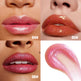 Close-up of lips with different lip gloss shades and a swatch on a white background.