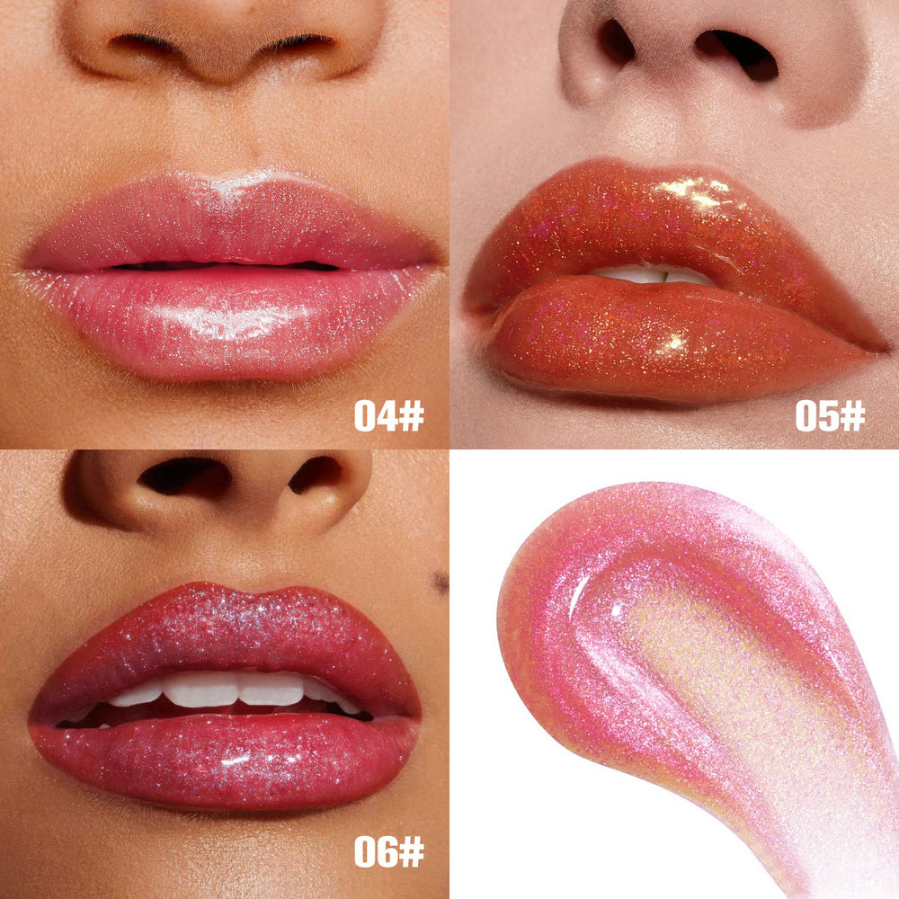 Close-up of lips with different lip gloss shades and a swatch on a white background.