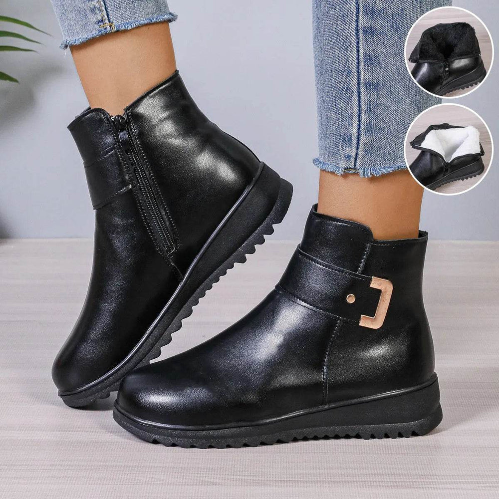 Winter Fleece Boots With Side Zipper Design Fashion Simple Non-slip Ankle Boots For Women Warm Pu Leather Shoes - EX-STOCK Canada