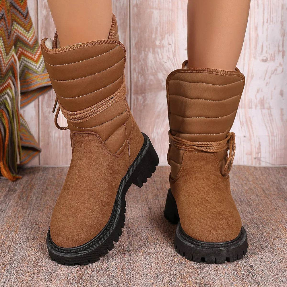 New Chunky Heel Mid-tube Snow Boots Winter Warm Fleece Boot With Lace-up Design Fashion Casual Shoes For Women - EX-STOCK Canada