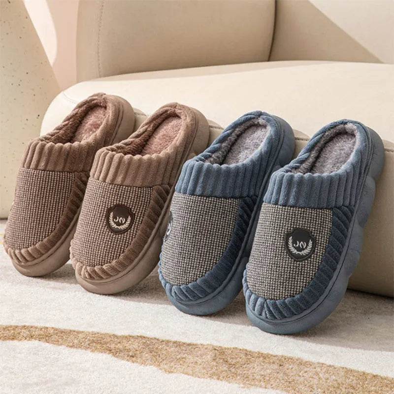 Plus Size Colorblock Plush Slippers For Women Men Winter Warm Home Slipper Indoor Thick-soled Fleece Shoes Couple - EX-STOCK Canada