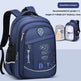 Blue backpack with dinosaur design on a light blue background