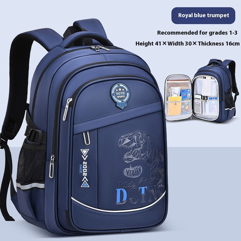 Blue backpack with dinosaur design on a light blue background