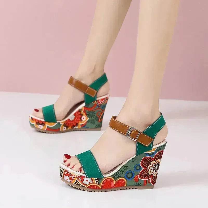 Fashion Flowers Embroidered High Wedge Sandals For Women Summer Toe Platform Buckle Shoes - EX-STOCK Canada