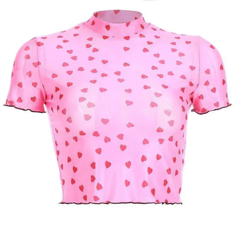 Nibber new Women Heart-shaped Print Pink see-through Tops Tee summer fashion wild Elastic Slim Soft O-Neck short sleeve Tank top - EX-STOCK CANADA