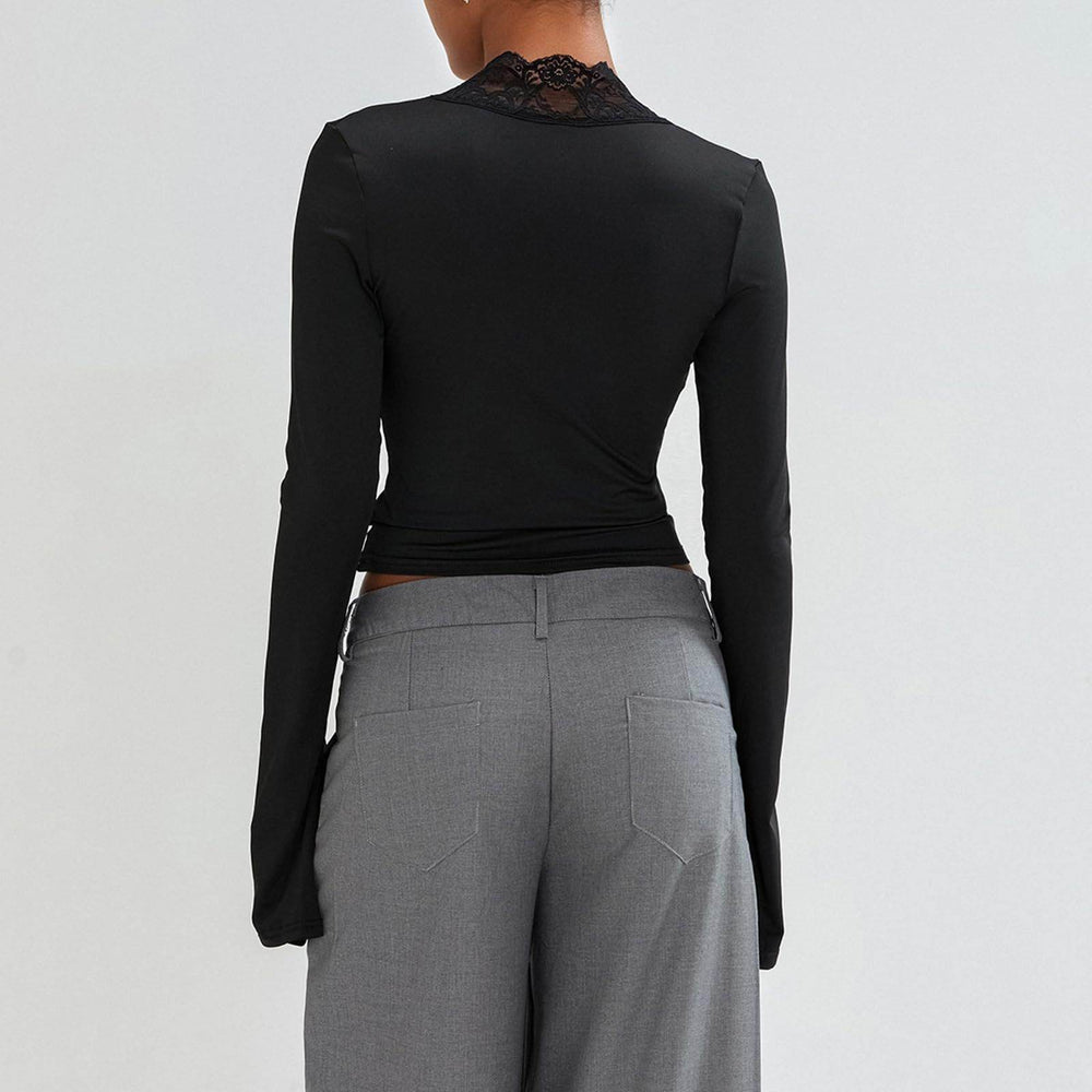 Slim V-neck Lace Ins Fashion Trumpet Sleeve Long-sleeved tank Top Women Clothing - EX-STOCK Canada