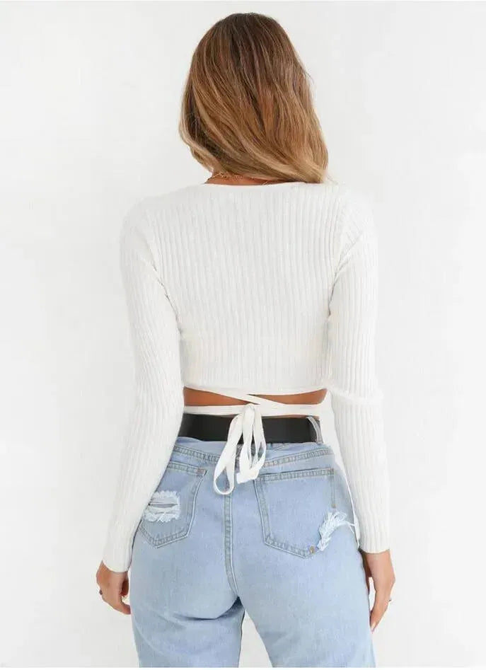Sexy Women Ladies Summer Slim Crop Tops Long Sleeve T Shirt Casual Solid V Neck Knitted Short Tops - EX-STOCK CANADA
