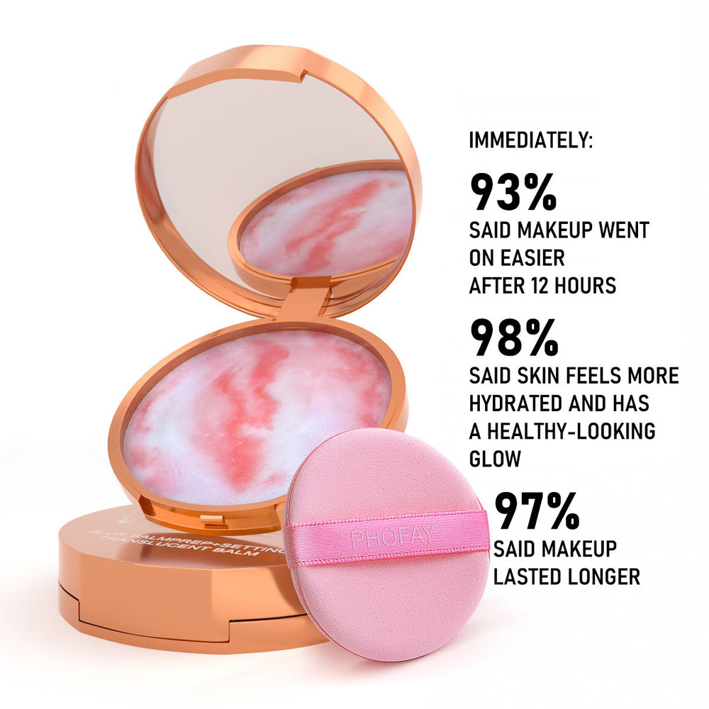 Makeup compact with pink and white marbled design, surrounded by text showing user feedback on product performance.