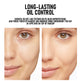 Before and after comparison of a woman's face with text about long-lasting oil control.