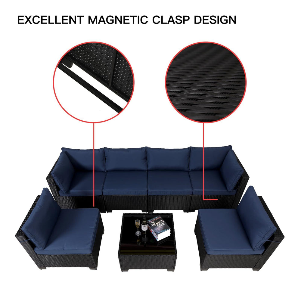 7 Pieces Outdoor Rattan Patio Sectional Set, Black Wicker Furniture Conversation Sets With Washable Cushions & Glass Coffee Table For Garden, Poolside, Backyard EX-STOCK Canada 