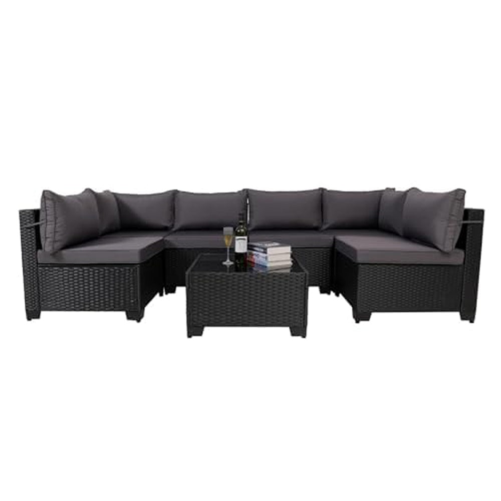 7 Pieces Outdoor Rattan Patio Sectional Set, Black Wicker Furniture Conversation Sets With Washable Cushions & Glass Coffee Table For Garden, Poolside, Backyard EX-STOCK Canada 
