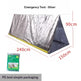 Silver emergency tent shown with red dimension lines indicating 240cm by 150cm by 90cm measurements, plus its green retail packaging in the lower left on a white background.