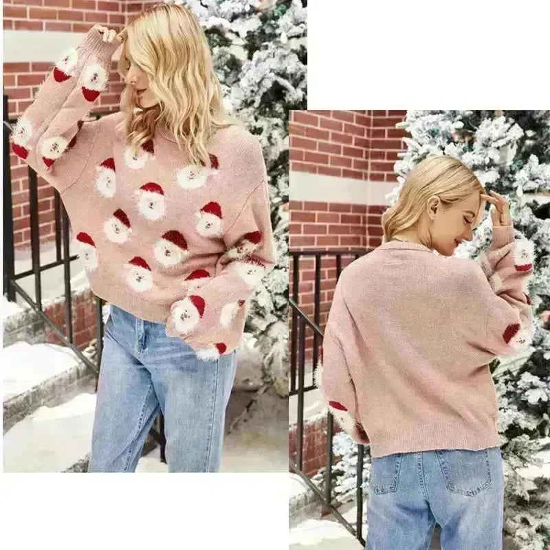 Christmas Sweater Women Cute Cartoon Santa Print Knit Sweater Winter Tops - EX-STOCK CANADA