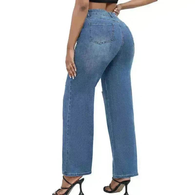 Elegant Ripped Wide-leg Baggy Jeans Pant Women - EX-STOCK CANADA