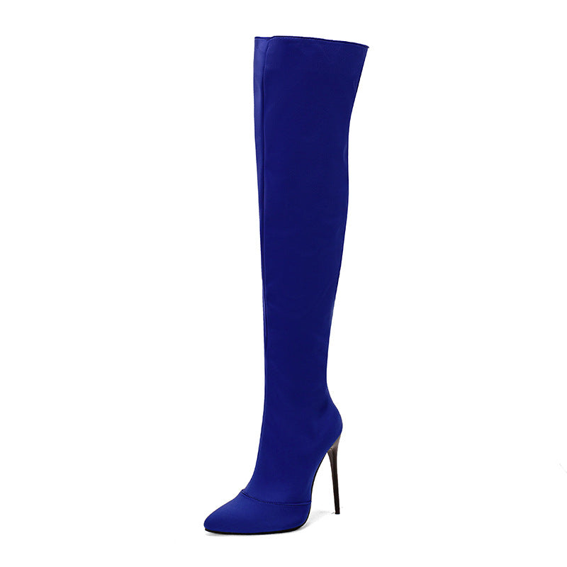 Blue knee-high boot on a white background