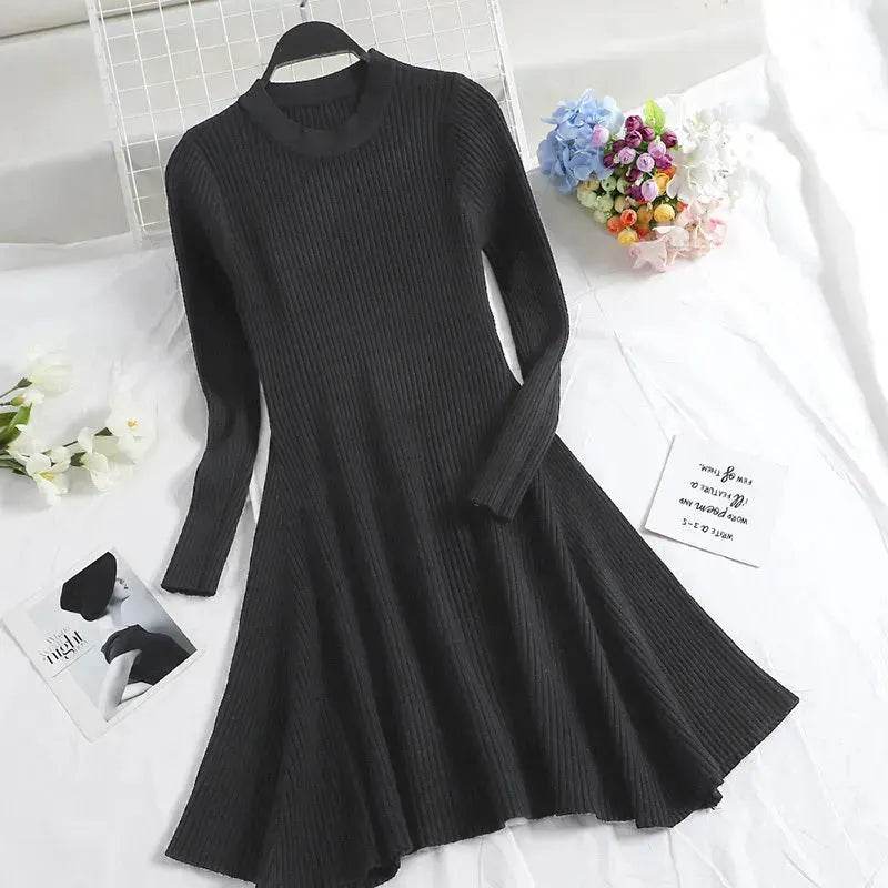Autumn Winter Round neck Slim fit Mini Flared Sweater Dress - EX-STOCK Canada