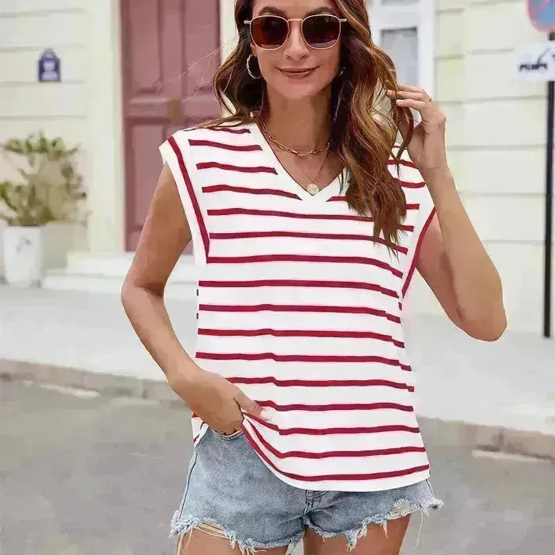 Fashion Stripe Print V-neck Short-sleeved T-Shirt Summer Loose Casual top for Women - EX-STOCK CANADA