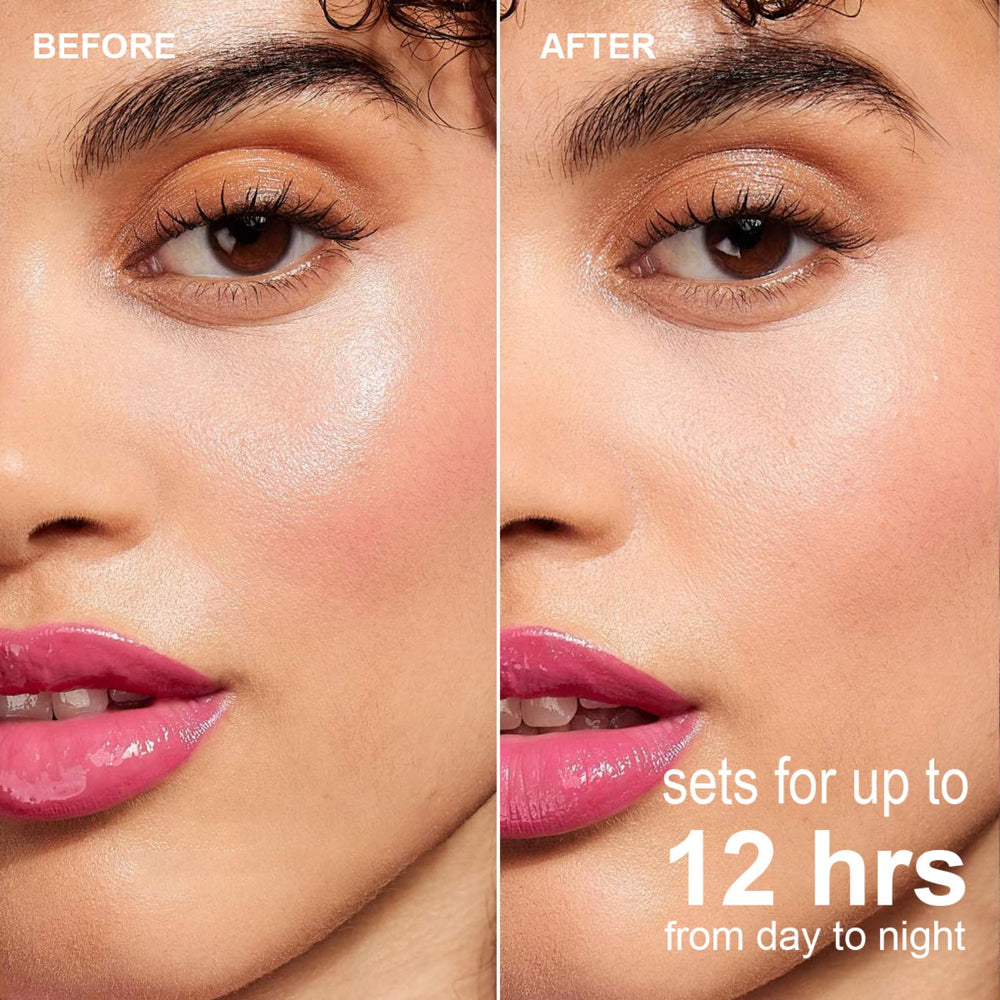 Before and after comparison of a woman's face with makeup product application, showing a smooth finish.
