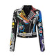 Printed Hit Color Jacket Motorcycle Leather Jacket Women's Suit Collar Trendy Jacket - EX-STOCK Canada