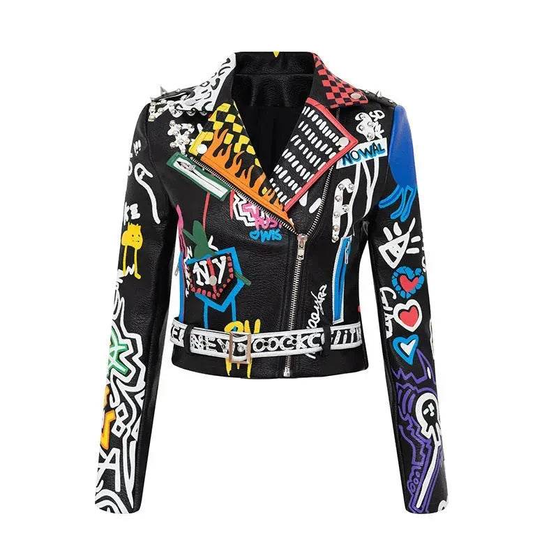 Printed Hit Color Jacket Motorcycle Leather Jacket Women's Suit Collar Trendy Jacket - EX-STOCK Canada