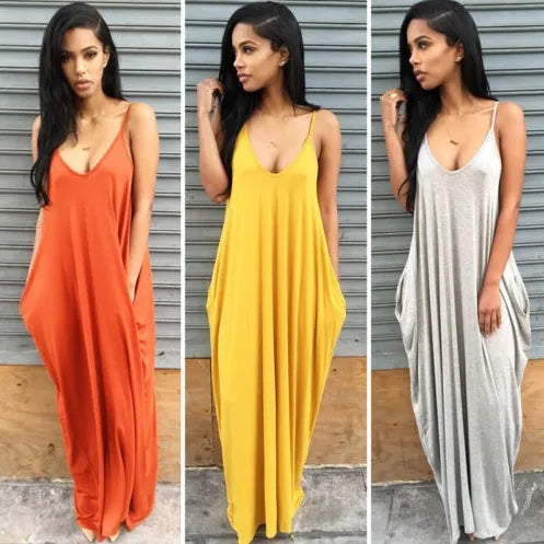 Plus size summer maxi dress beach vacation resort dress with pocket - EX-STOCK CANADA