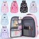 Collection of colorful backpacks with various patterns and designs.