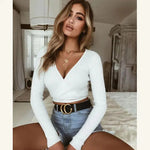 Sexy Women Ladies Summer Slim Crop Tops Long Sleeve T Shirt Casual Solid V Neck Knitted Short Tops - EX-STOCK CANADA
