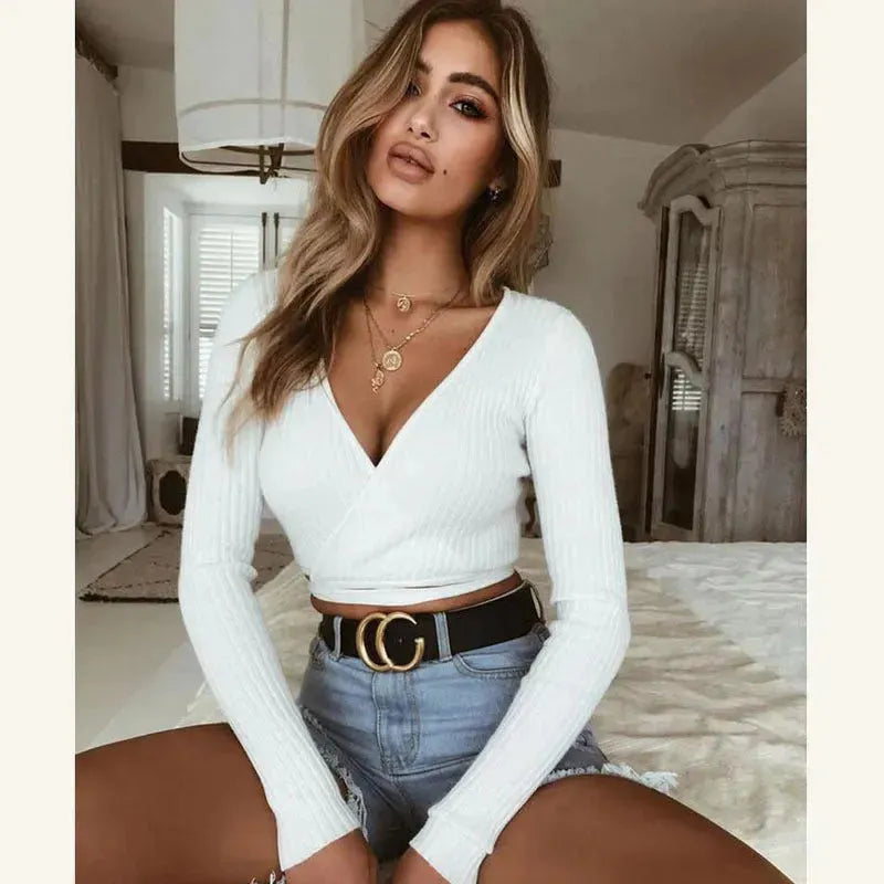 Sexy Women Ladies Summer Slim Crop Tops Long Sleeve T Shirt Casual Solid V Neck Knitted Short Tops - EX-STOCK CANADA