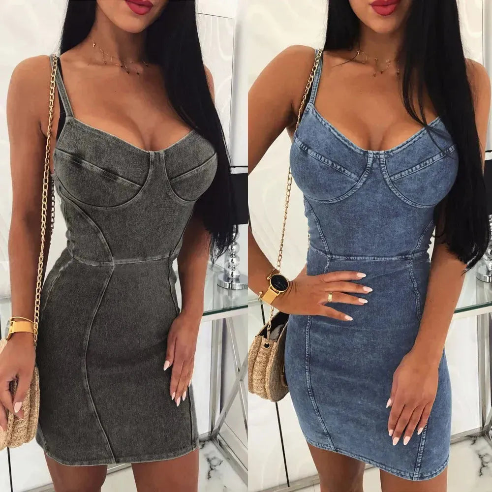 Chic Sleeveless slim fitted Mini Denim hip dress - EX-STOCK CANADA