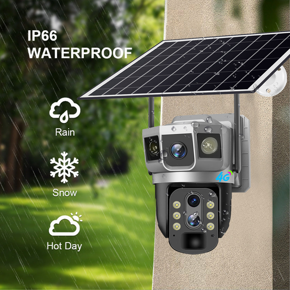 Solar-powered security camera with waterproof feature on a pole outdoors.