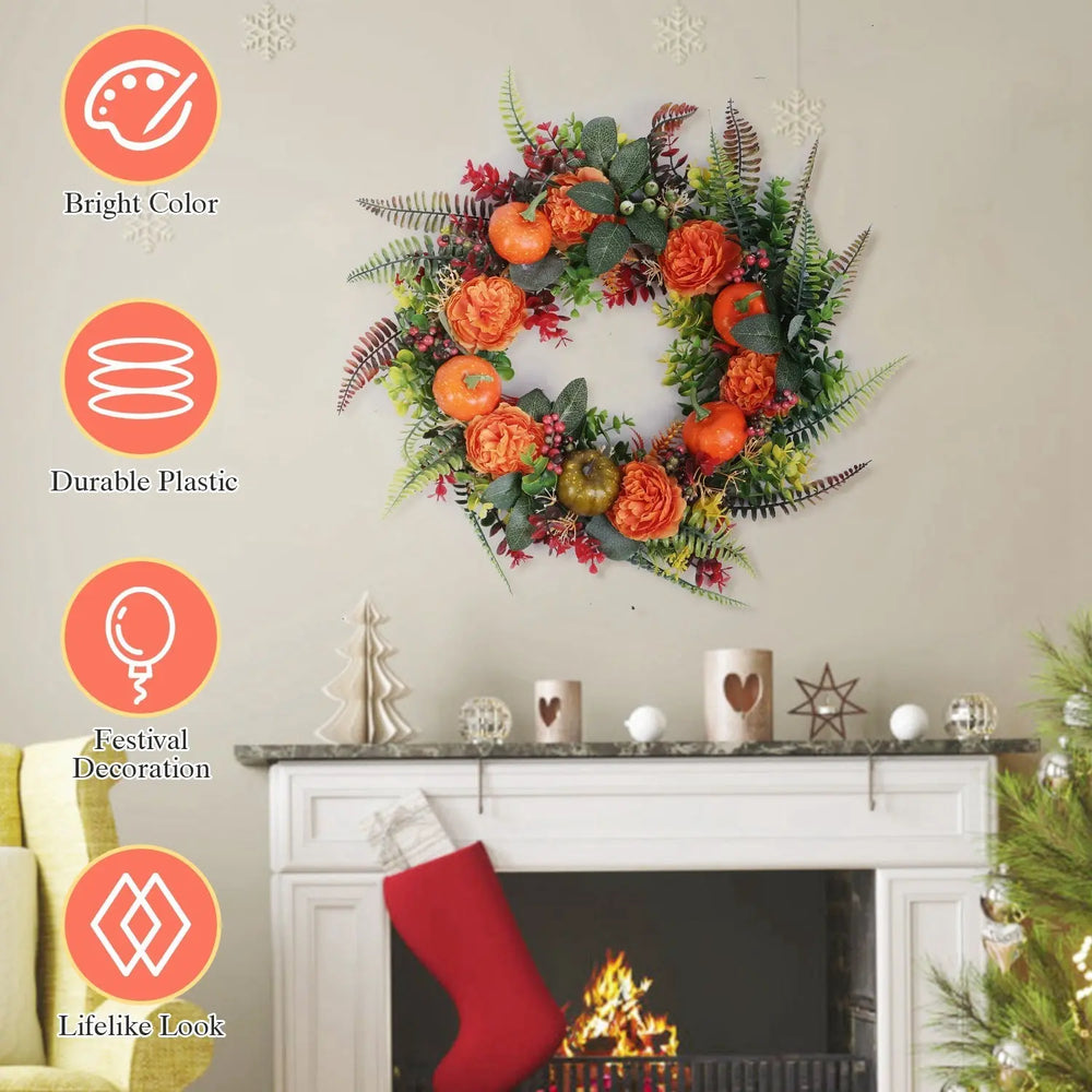 1Pc 17.71IN Autumn Wreath With Pumpkin Mixed Leaves Berries Flowers Fall Decoration For Indoor Outdoor Window Wall Front Door In Halloween Thanks Giving Day - EX-STOCK Canada