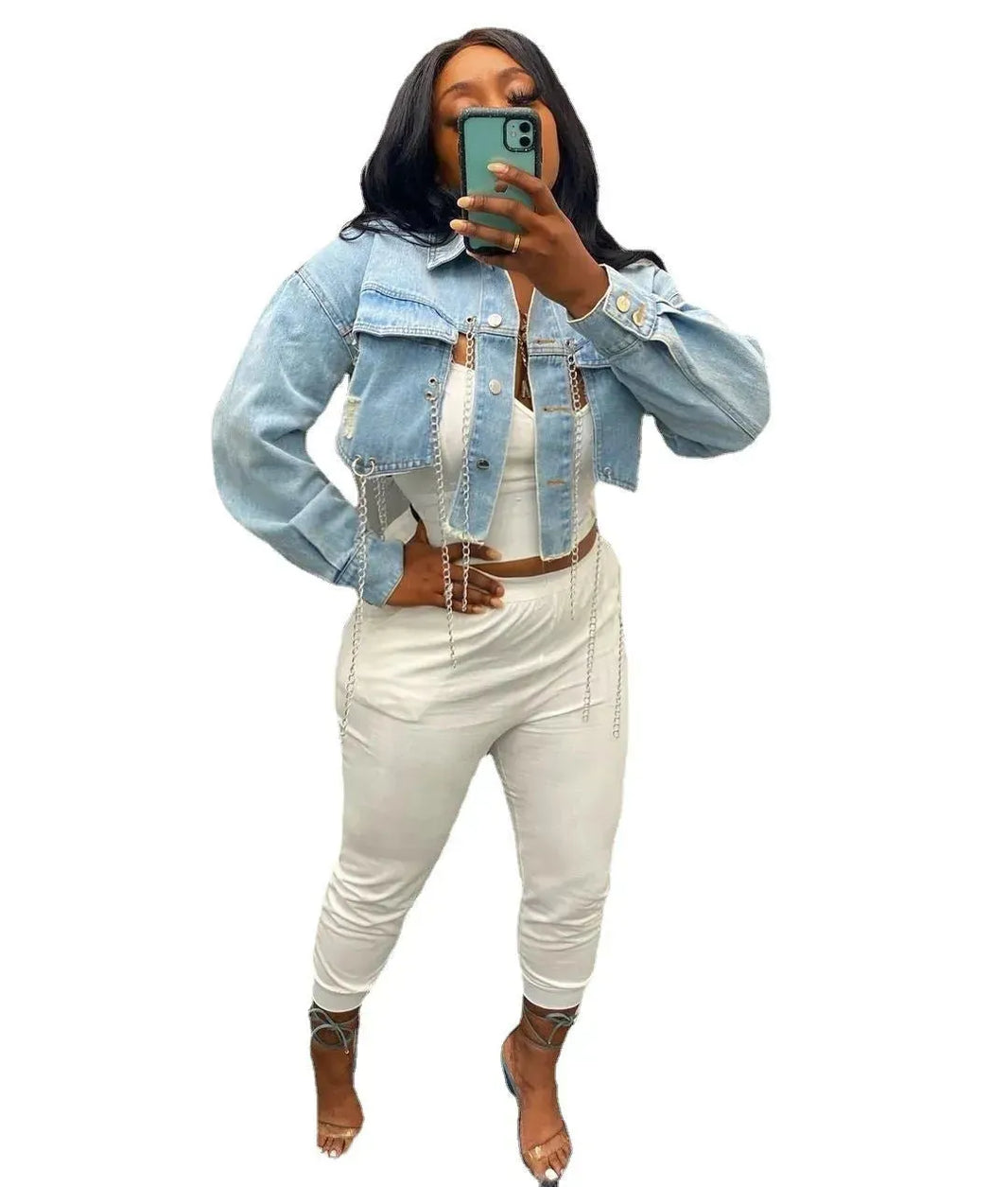 Short Frayed Denim Jacket Women Chain Fashion Style - EX-STOCK CANADA