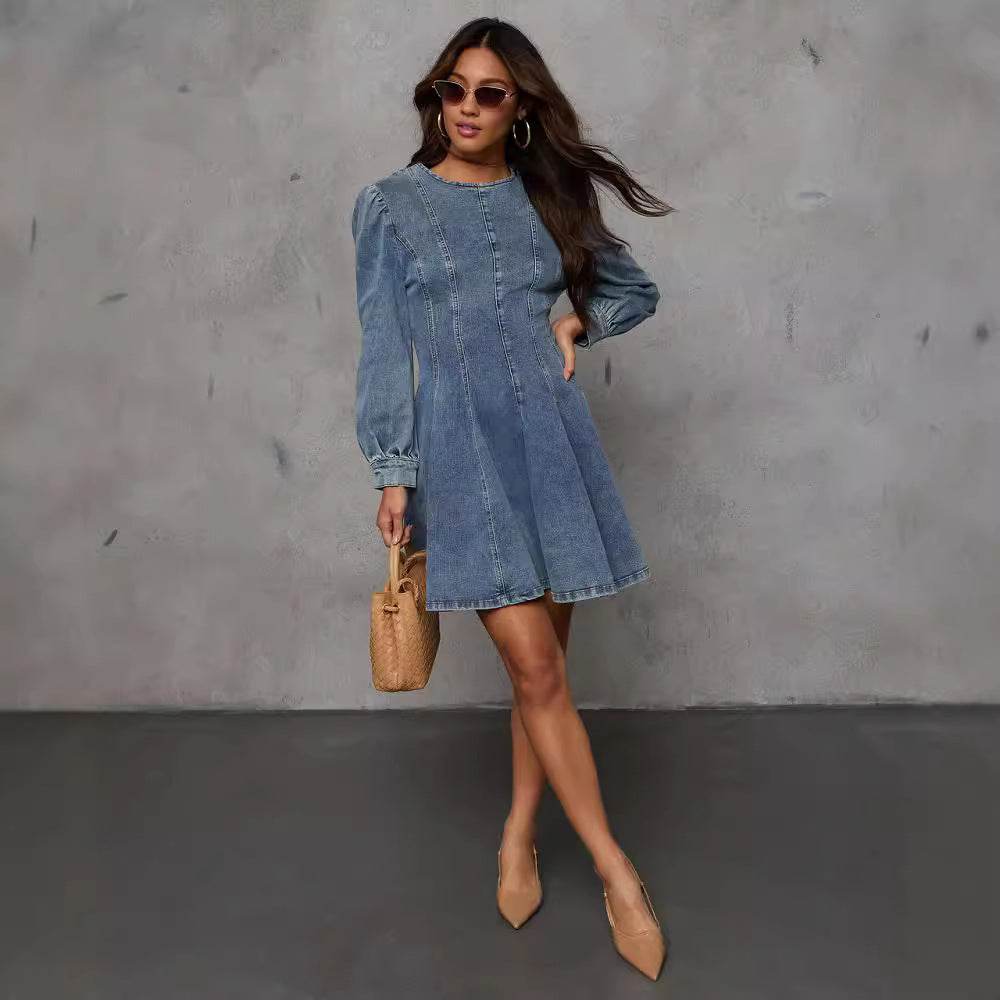 Elegant Patchwork Waist-slimming Women's Denim Long Sleeve Dress - EX-STOCK Canada