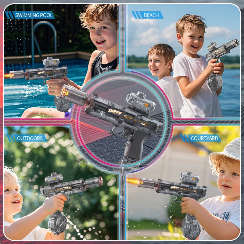 Children playing with water guns in various outdoor settings.